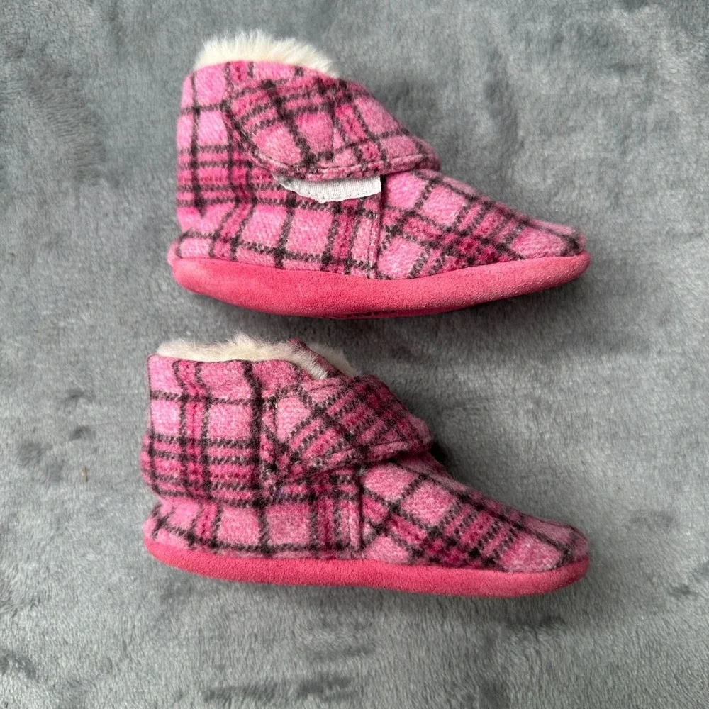 Minnetonka Slipper Boots Toddler Girls Sz 3 Pink Plaid Faux Fur Wool Lined Cozy